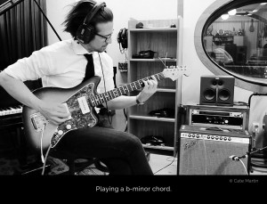 Micha Holland in the recording room at Tambourine Studios playing a vintage Fender Jazzmaster, tracking guitars for the album Young And Pretty by Ivy Flindt.